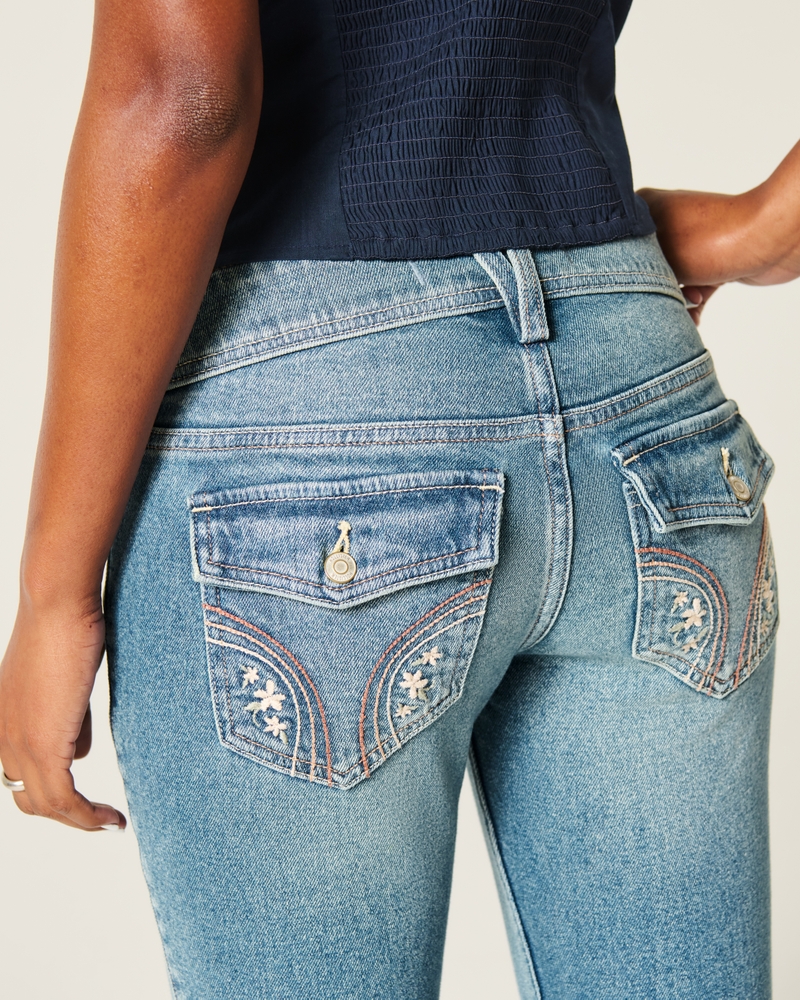 låg midja djupt tvättade broderade bootcut-jeans