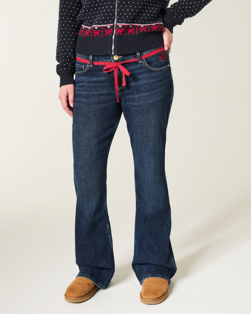 låg midja djupt tvättade broderade bootcut-jeans