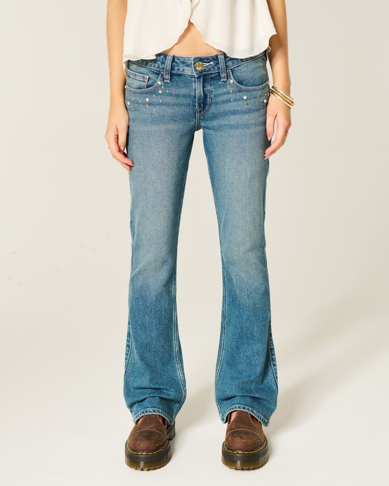 låg midja djupt tvättade broderade bootcut-jeans