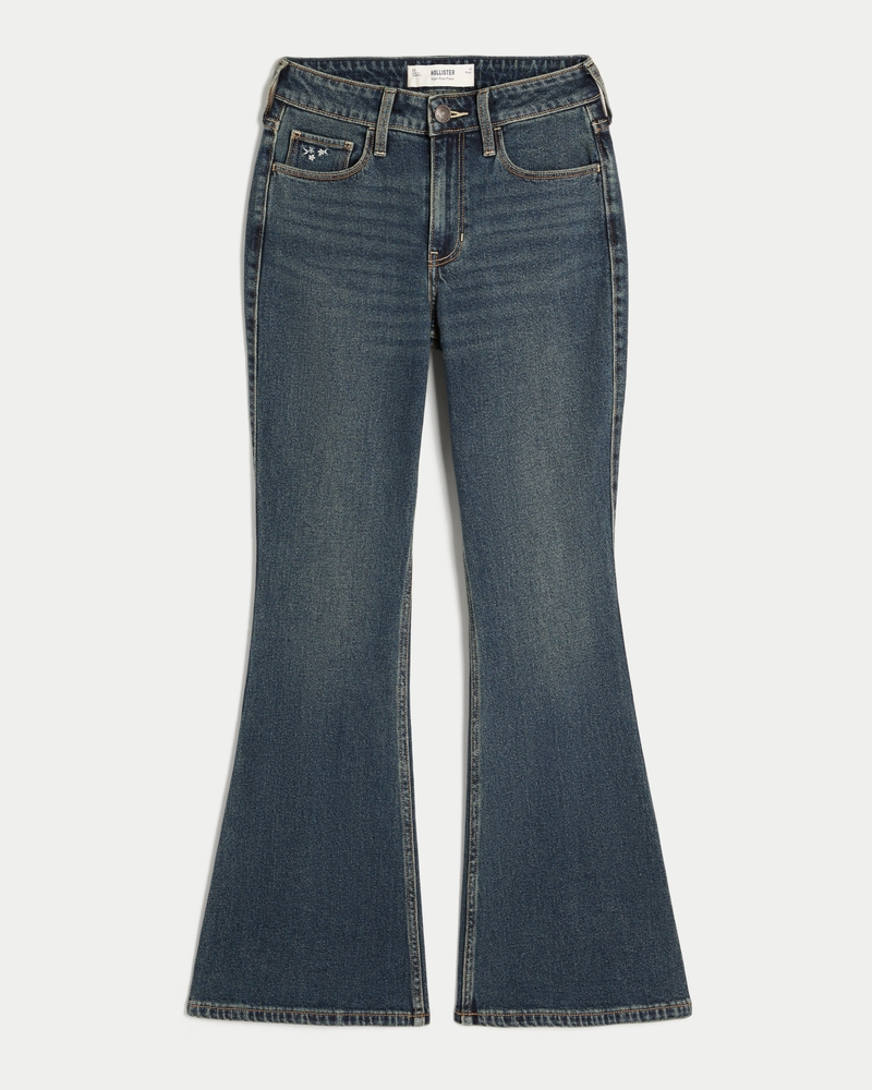högmidjade mörktvättade blombroderade utsvängda jeans