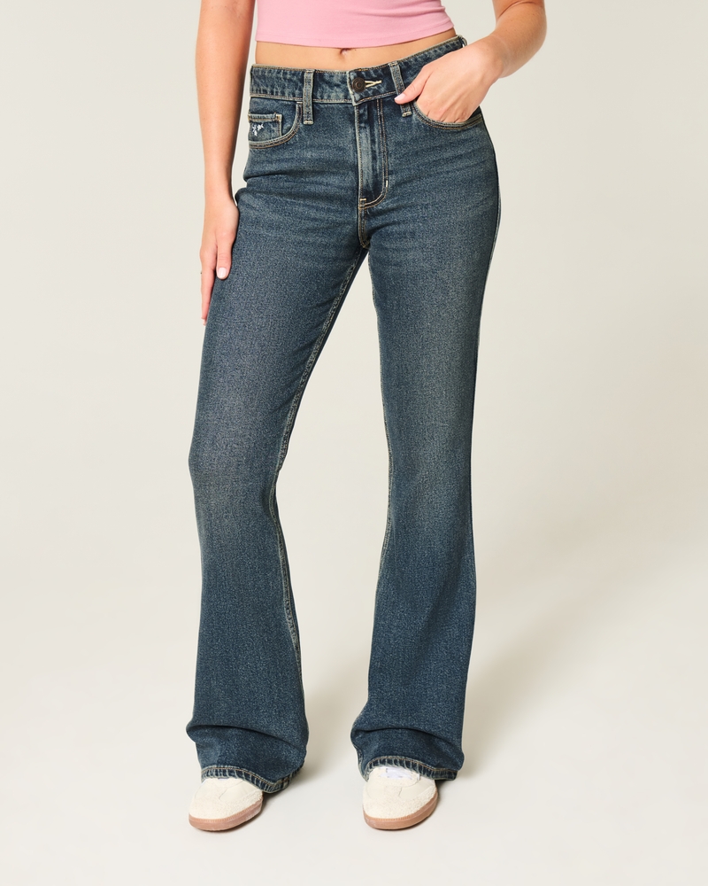 högmidjade mörktvättade blombroderade utsvängda jeans