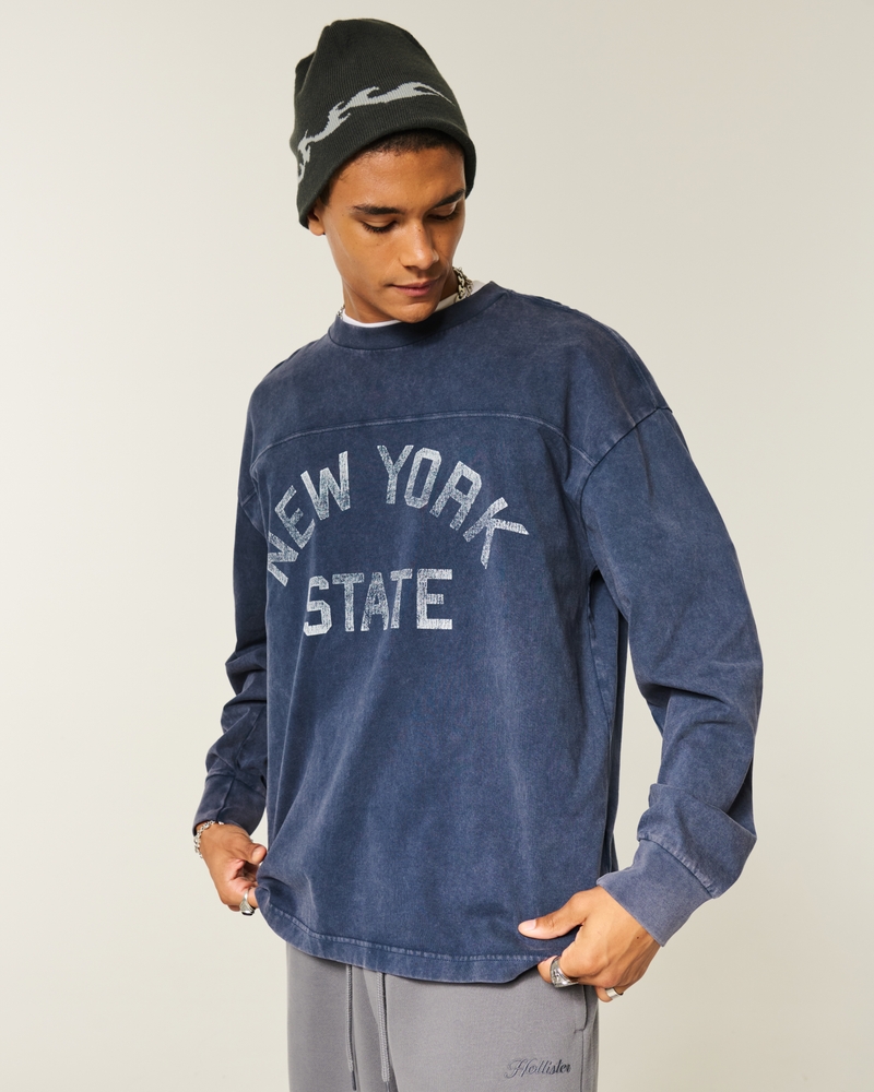 new york state grafisk t-shirt med fyrkantig passform och kraftig långärmad