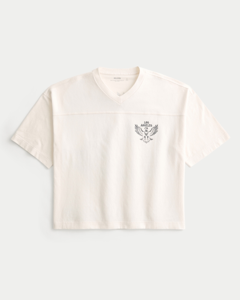 kraftig beskuren fotbolls-t-shirt med detroit-tema i en påsad modell.