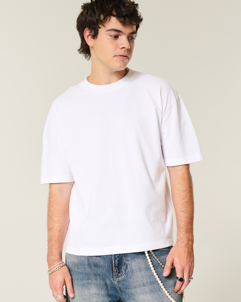 fyrkantig kort kraftig tvättad t-shirt med rund halsringning